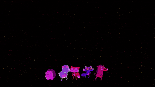 a group of cartoon characters are standing in front of a giant orange face