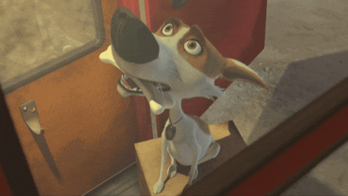 a cartoon dog with a bone in its mouth looks at the camera