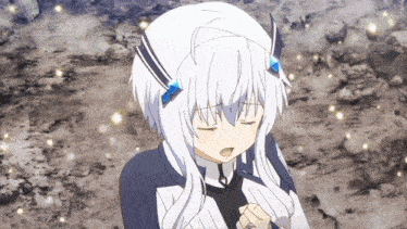 a white haired anime girl with horns on her head