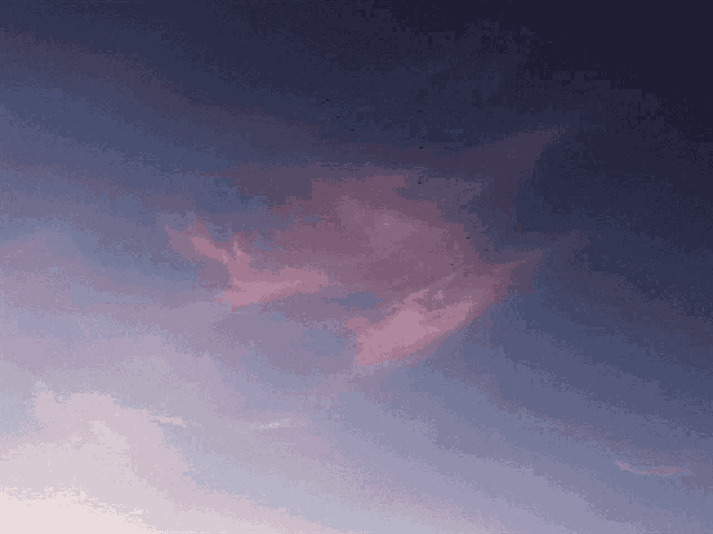 a purple sky with pink clouds and birds flying in the distance
