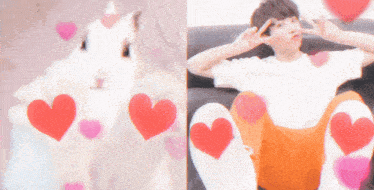 a blurred image of a rabbit and a boy with hearts on their feet
