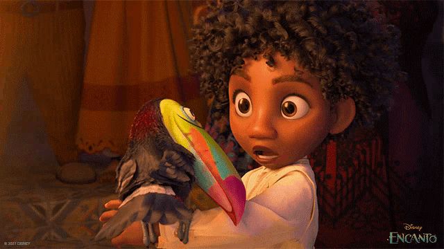 a disney animated character holding a bird with a surprised look on his face