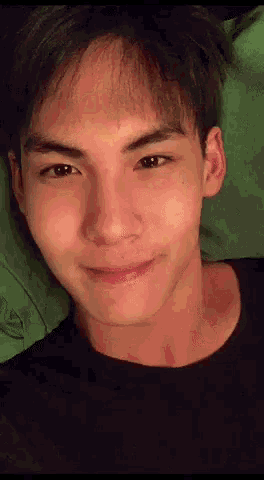 a young man is laying on a bed with a green pillow and looking at the camera .