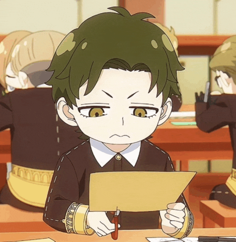 a boy with green hair is holding a piece of paper and making a face