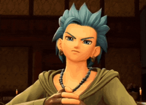 a cartoon character with blue hair is wearing a necklace
