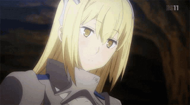 a close up of a blonde anime girl with bs11 written on the bottom right