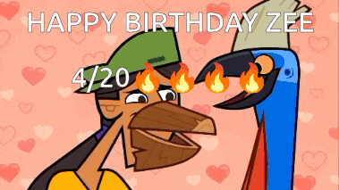 a cartoon drawing of a man and a bird with the words happy birthday zee