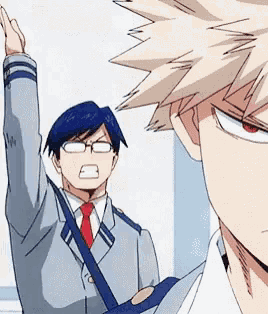 two anime characters are standing next to each other and one of them is wearing glasses and a tie .