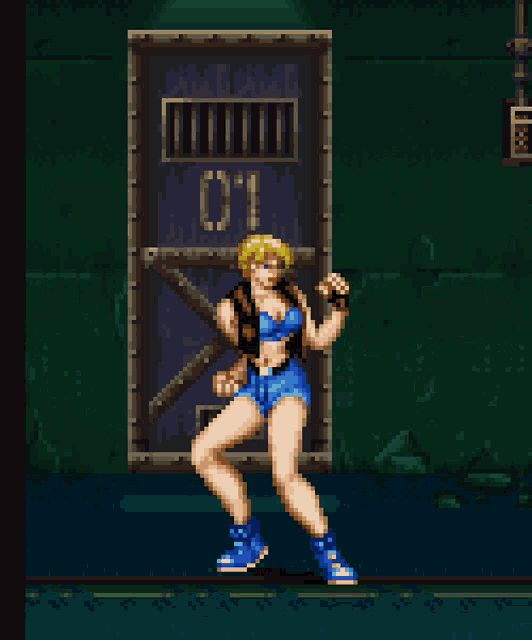 a pixel art drawing of a woman dancing in front of a door with the number 01 on it