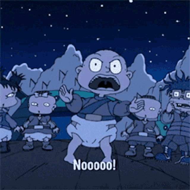 a group of cartoon characters are standing in a line and one of them says noooo
