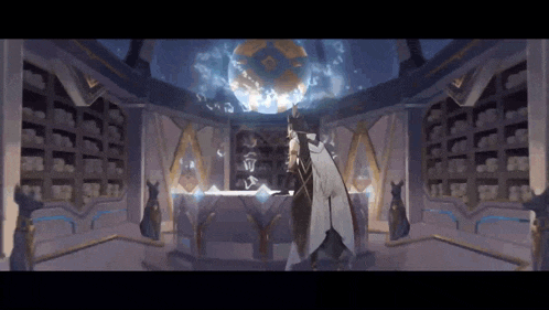 a man in a white robe is standing in a room with a globe in the background .