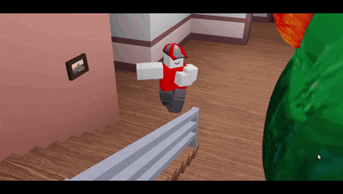 a cartoon character is walking down a set of stairs in a video game