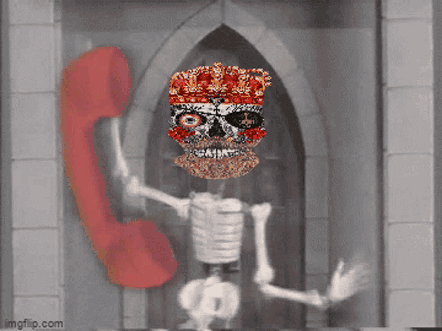 a skeleton wearing a crown is talking on a red phone