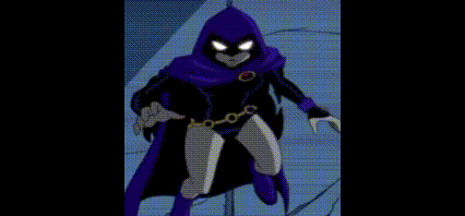 raven from teen titans go is flying through the air in a purple cape .