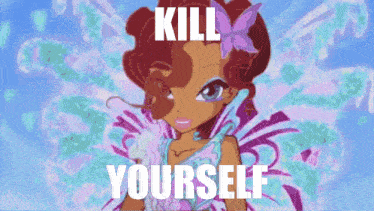 a cartoon girl with a flower in her hair and the words kill yourself