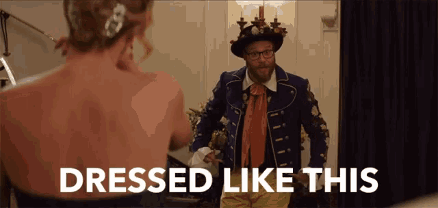 a man standing in front of a mirror with the words dressed like this