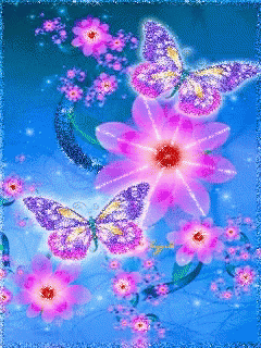 a blue background with pink flowers and purple butterflies flying around them