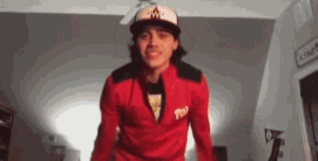 a young man wearing a red jacket and a hat is standing in a living room .