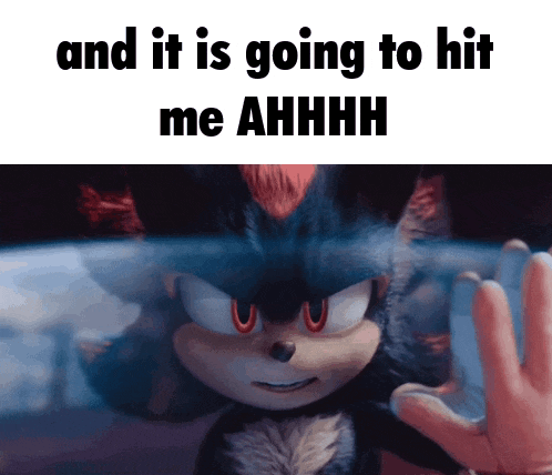 a picture of shadow the hedgehog with the words " and it is going to hit me ahhhh "
