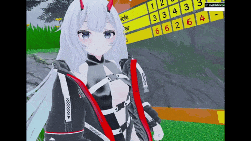 a girl with white hair and blue eyes is standing in front of a yellow board with numbers 1 2 3 4 3 and 6 on it