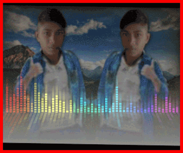 two boys are standing next to each other with a rainbow colored equalizer in the background
