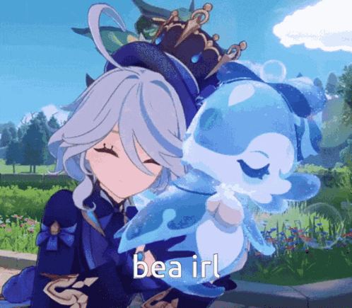a girl is hugging a blue animal with the words bea irl written on it