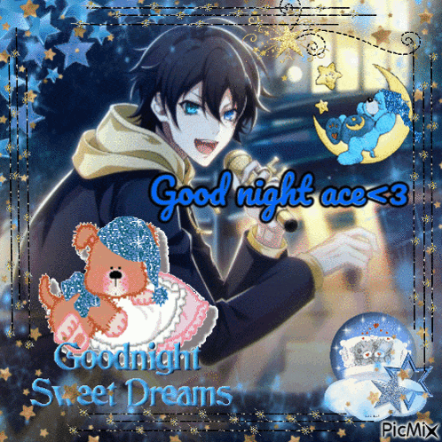 a picture of a boy holding a microphone with the words good night ace < 3