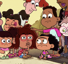 a group of cartoon characters are standing on a street