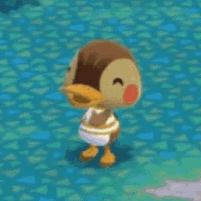 a cartoon duck is standing on a blue surface in a game .