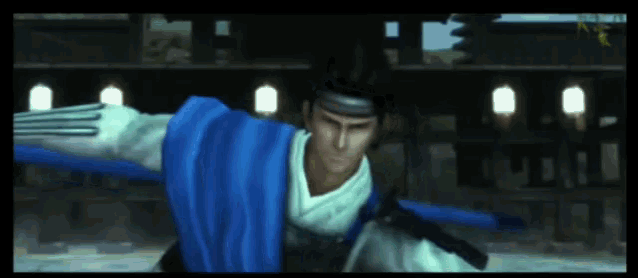 a video game character with a blue cape and a sword