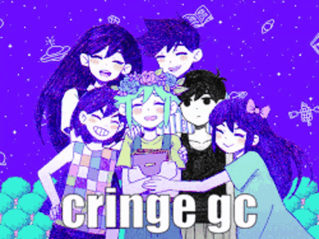 a group of anime characters standing next to each other with the words cringe gc in the bottom right corner