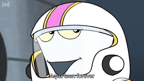 a cartoon character wearing a helmet says aquateen forever