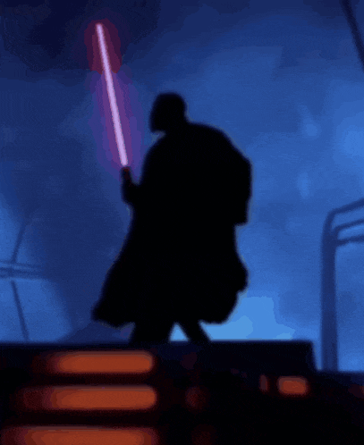 a silhouette of darth vader is holding a red lightsaber