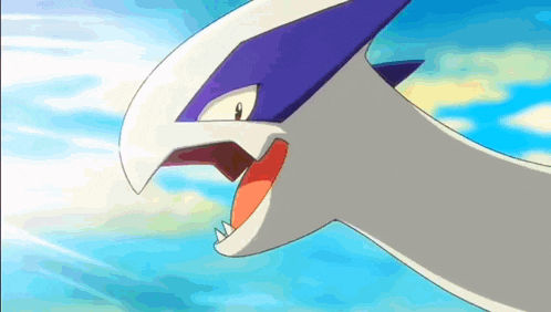 a close up of a pokemon flying in the sky with its mouth open
