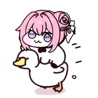 a little girl with pink hair is holding a duck .
