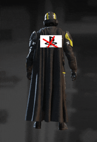 a playstation logo is crossed out on the back of a figure 's cape