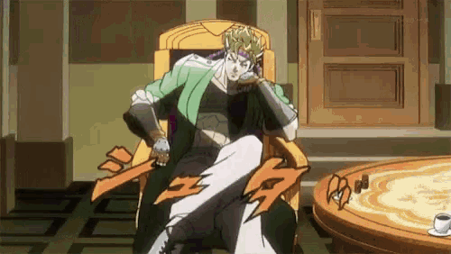 a man is sitting in a chair with his legs crossed .