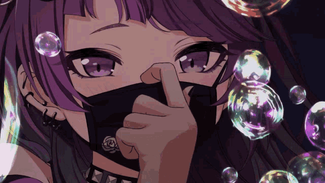 a girl with purple hair is wearing a black mask and surrounded by bubbles