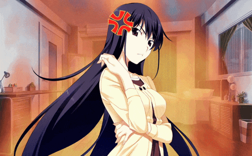 a girl with long black hair has a red circle on her head