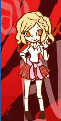 a cartoon girl with blonde hair and a plaid skirt giving a peace sign