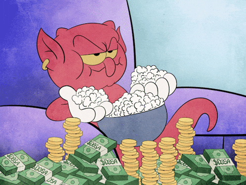 a cartoon cat is surrounded by stacks of dollar bills that say $dosa