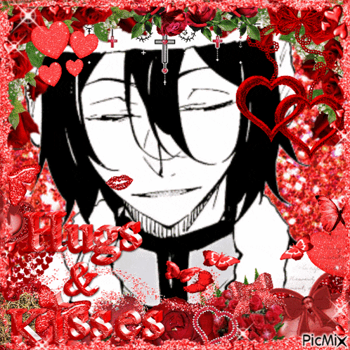 a picture of a man with his eyes closed is surrounded by red hearts and flowers