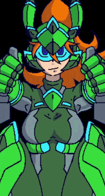 a pixel art drawing of a woman in a green and blue suit