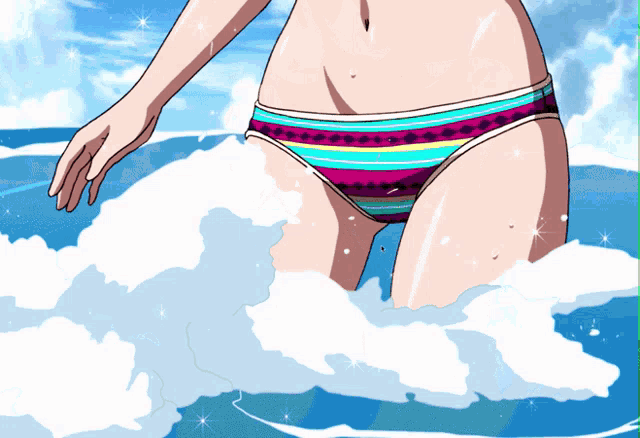 a cartoon of a woman in a bikini standing in the water