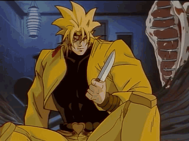 dio from jojo 's bizarre adventure is holding a knife in his right hand