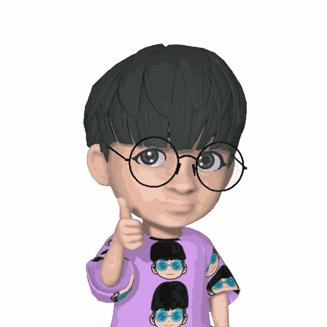 a cartoon character wearing glasses and a purple shirt with faces on the sleeves