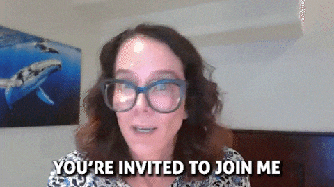 a woman with glasses is talking on a video call and saying `` you 're invited to join me '' .