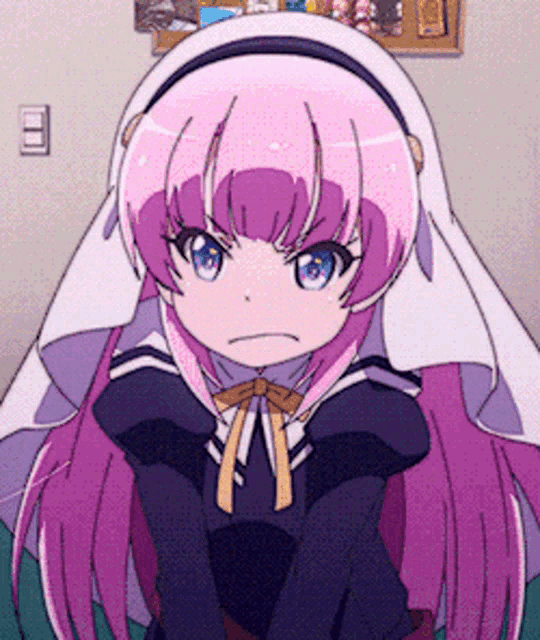 a girl with pink hair and blue eyes is wearing a headband