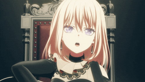 a girl with blonde hair and purple eyes sits on a throne
