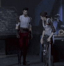 a man with a prosthetic leg is standing next to another man in a room .